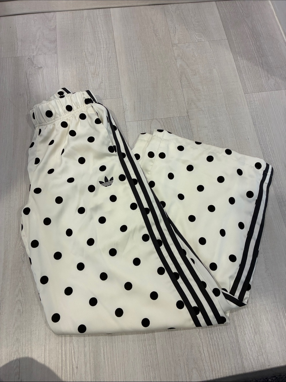 adidas White Polka Dot Track Pants with Black Stripes